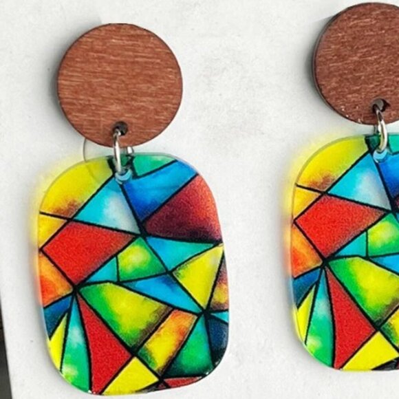 Bohemian Rainbow Festival Shine Bright Acrylic Color Dangle Earrings Wood Studs - Picture 4 of 4